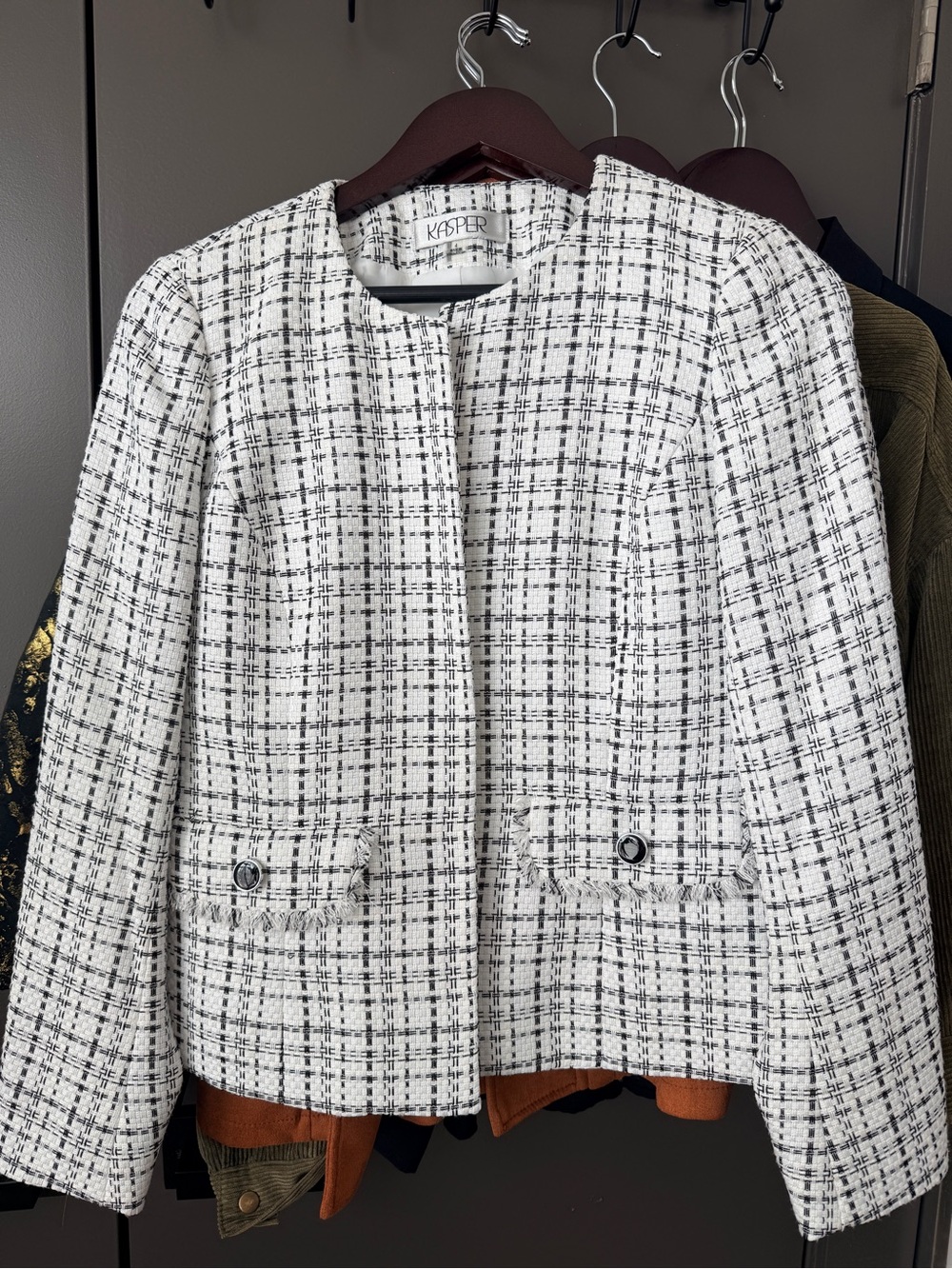 Kasper Black & White Tweed Collarless Blazer